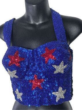 Fashion fantasy women’s medium sequined bustier halter stars USA 4th of July